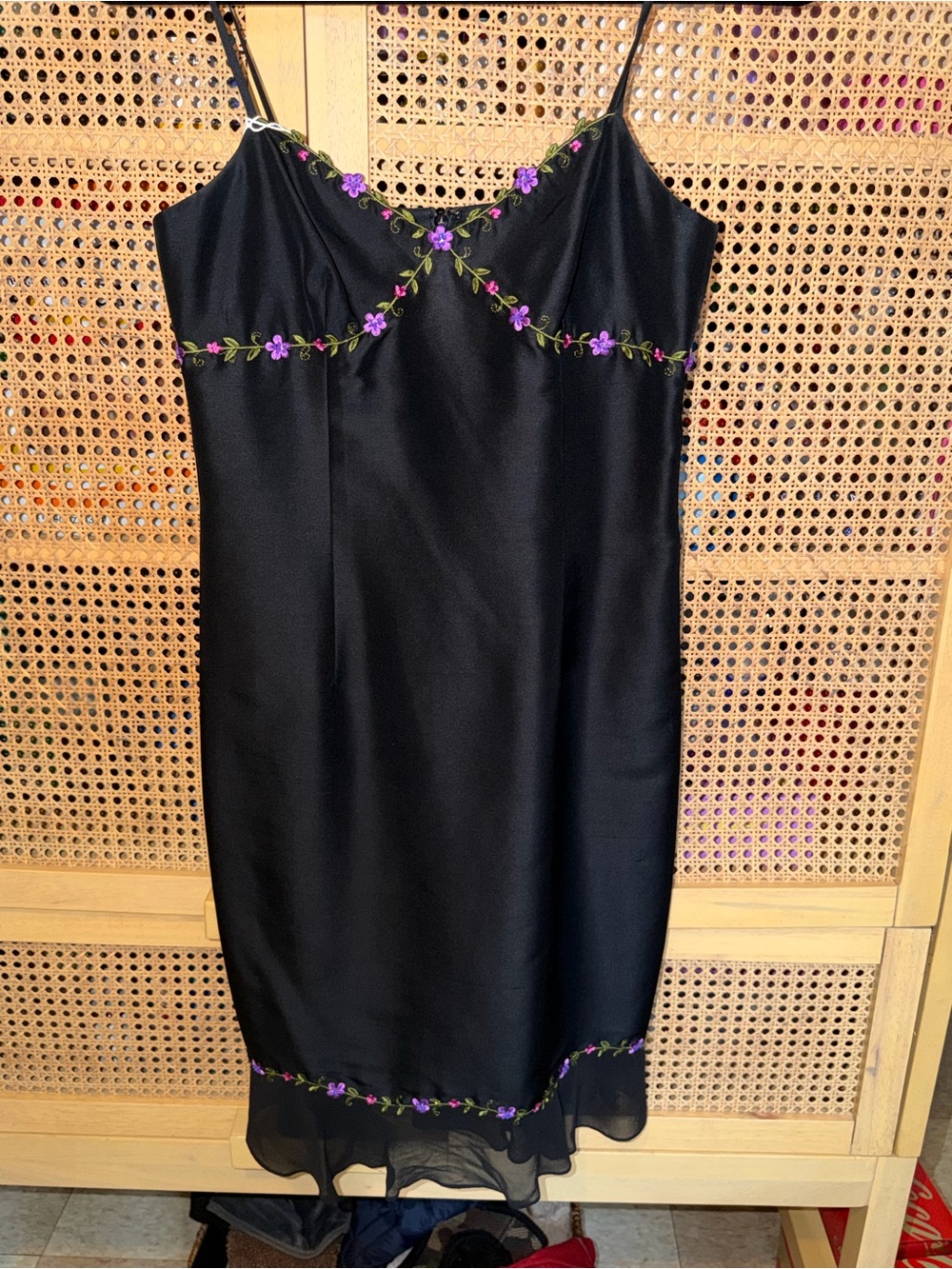 Vintage Ann Taylor 100% Silk Black Floral Embroidered Slip Dress Y2K Fairycore